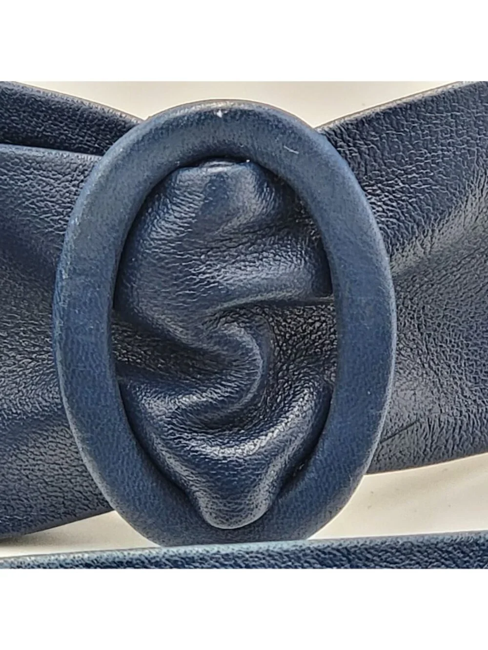 Vtg 50s Navy Blue  Leather Belt With Oval Knotted Buckle Design Adjustable Tie C